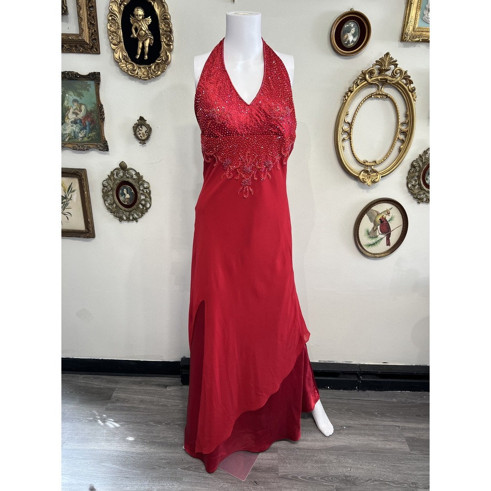 Yunina Vintage Y2K Red Beaded Halter Formal Evening Gown Size Large